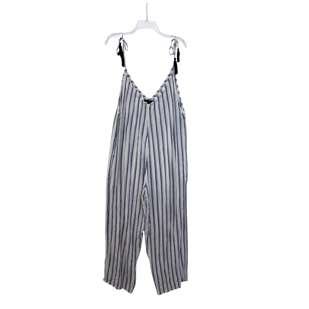 Forever 21 Striped Wide Leg Romper Blue White Tassel Straps Rayon Size Medium